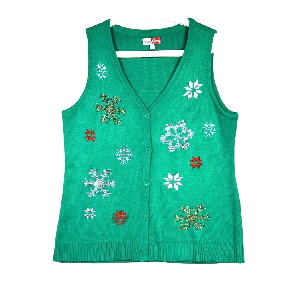MerryWear Christmas Snowflake Knit Vest Button Front Womens L Green Ugly Sweater